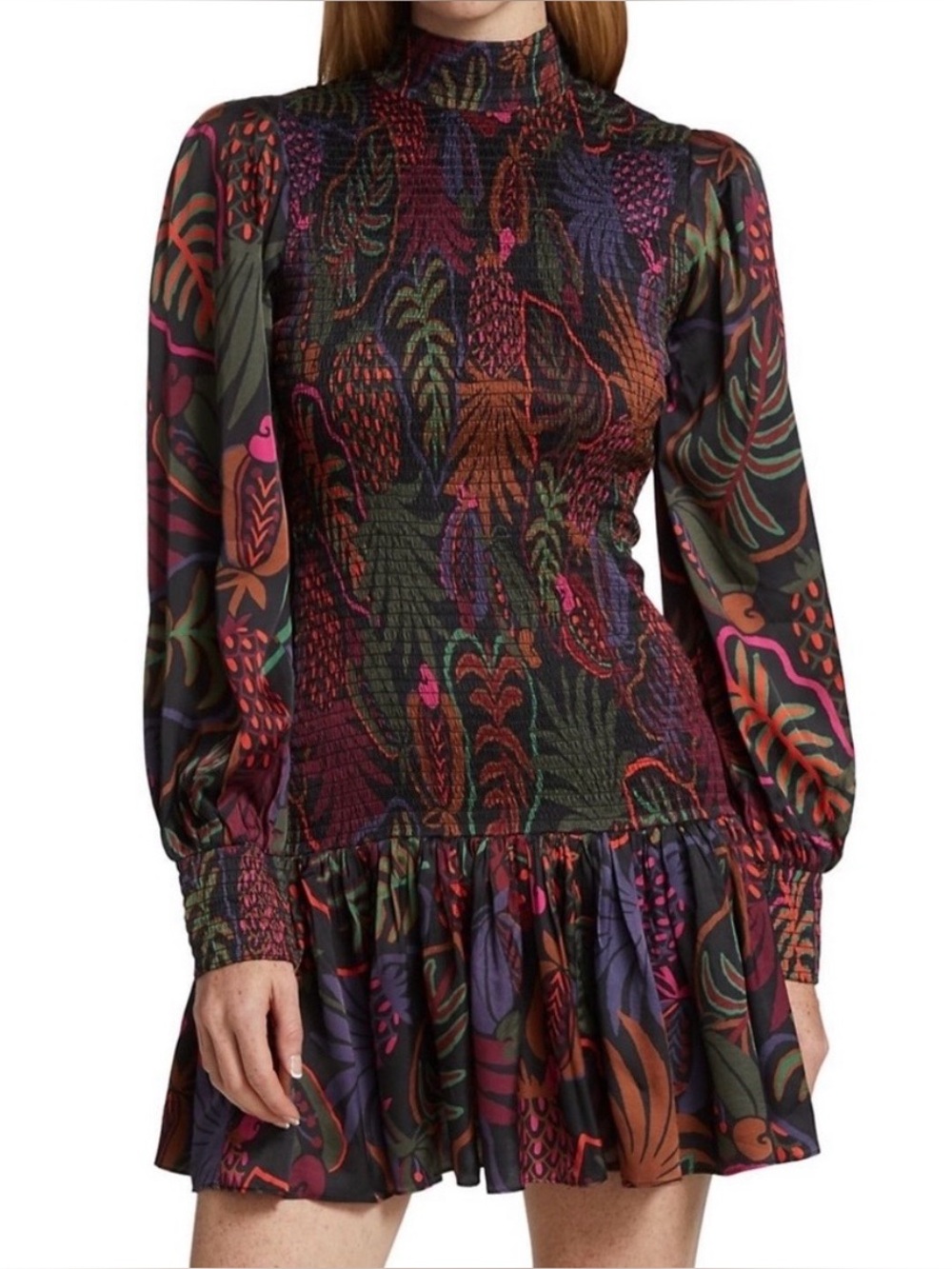 Farm Rio size small, Smocked High-Neck Floral Print Mini Dress in Multicolor